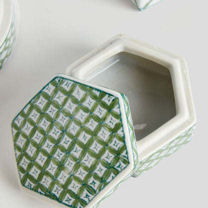 Chinoiserie green porcelain lidded boxes (set of 3) - stylish home accent (Image6).