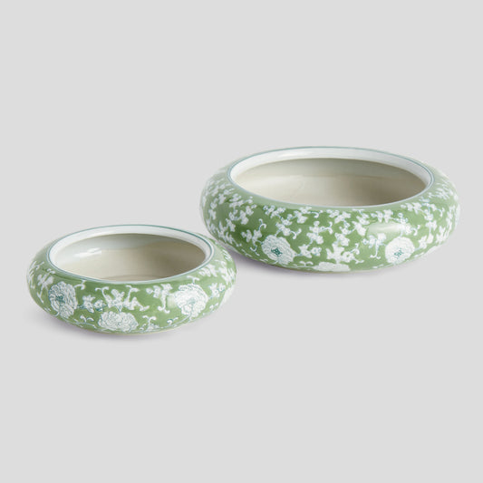 Chinoiserie green porcelain low pots (set of 2) - stylish home accent (Image1).