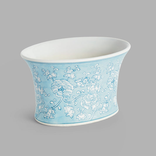 Chinoiserie light blue hand-painted porcelain small cachepot - stylish home accent (Image1).