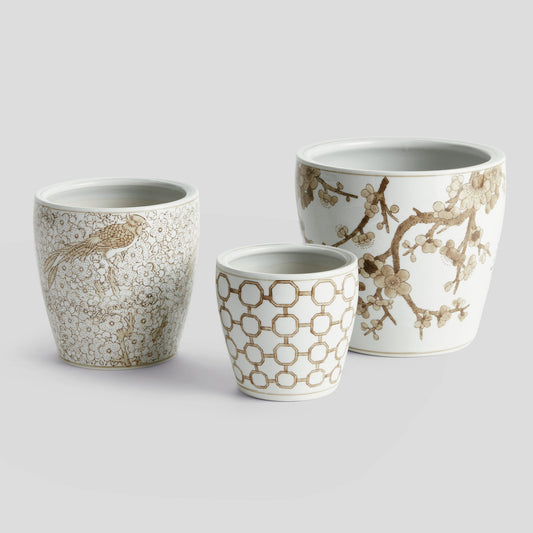 Chinoiserie taupe ceramic flower pots (set of 3) - stylish home accent (Image7).