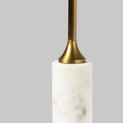 Contemporary antique brass and marble accent table, closeup view of marble and metal stem.