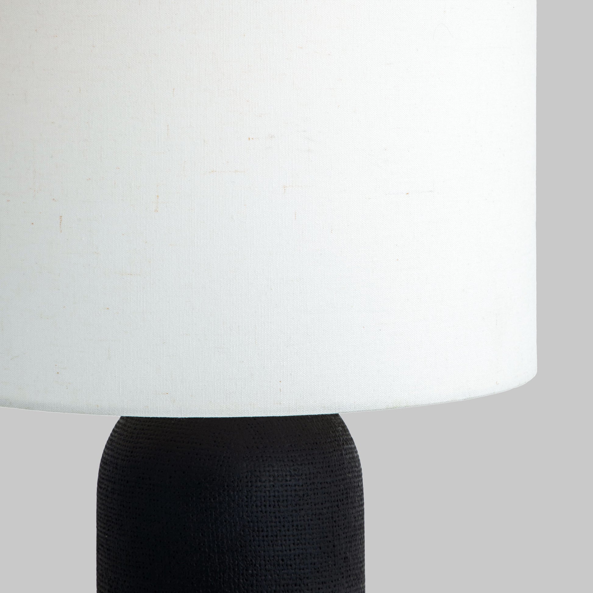 Contemporary black textured table lamp, closeup view of lampshade.