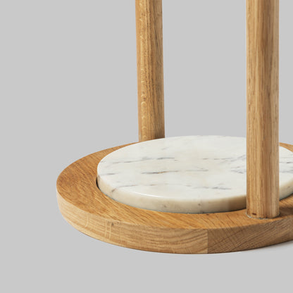 Contemporary oak wood and white marble accent table, bottom view.