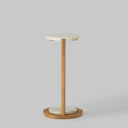 Contemporary oak wood and white marble accent table, side view.