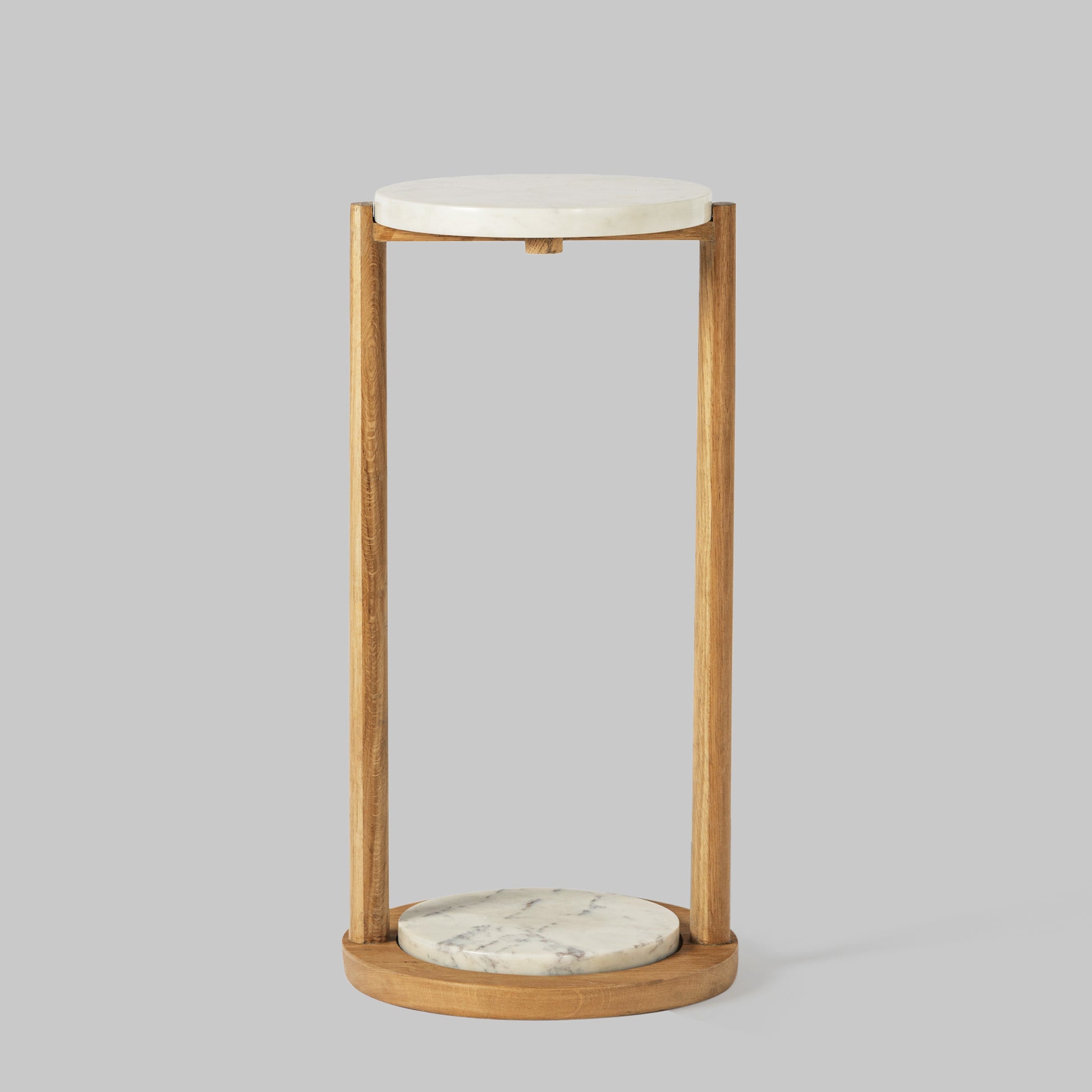 Contemporary oak wood and white marble accent table.