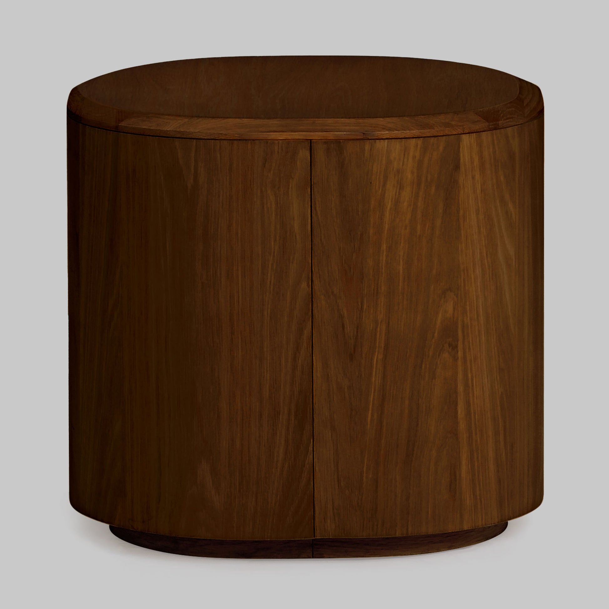 Contemporary round oak side table, walnut finish, back view.