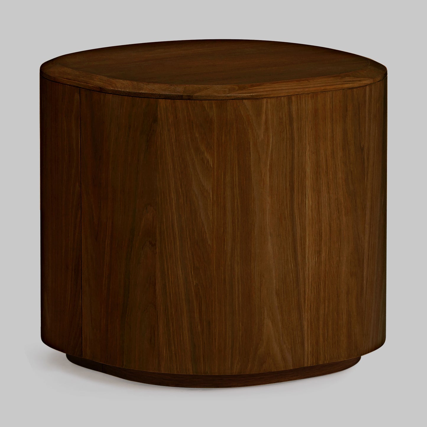 Contemporary round oak side table, walnut finish, front view.