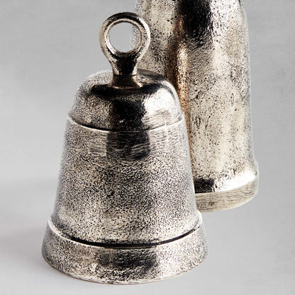 Decorative silver bells, set of 2, closeup view.