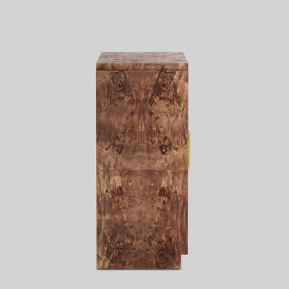 Dark burl wood sideboard on gray background.