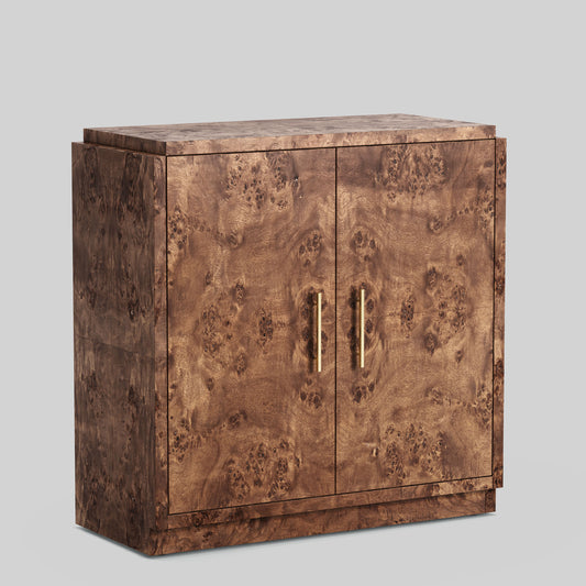 Dark burl wood sideboard on gray background.