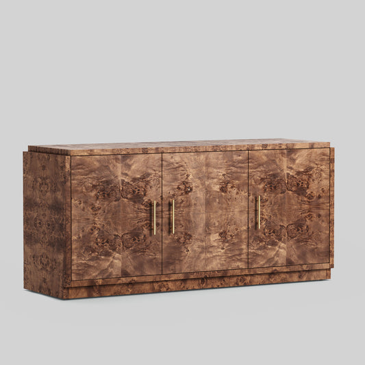 Dark burl wood sideboard on gray background.