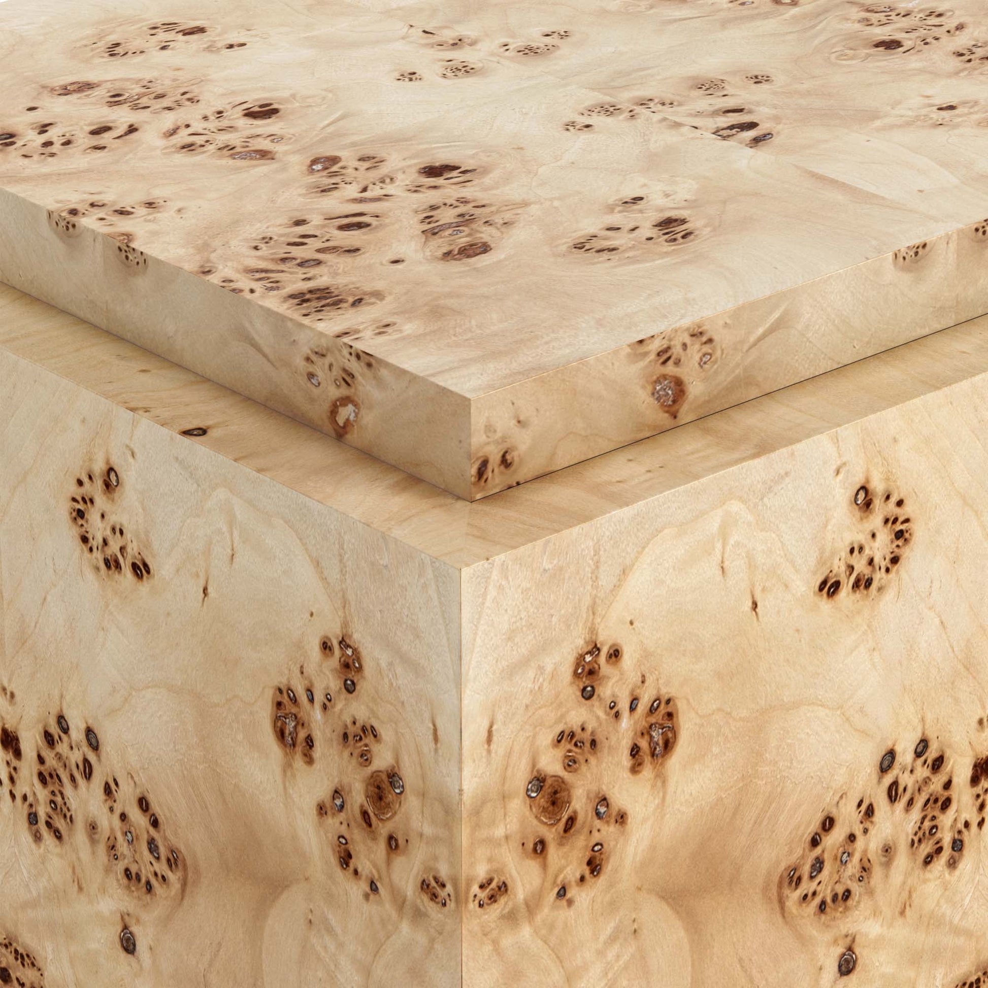 Light burl wood plinth side table on gray background.