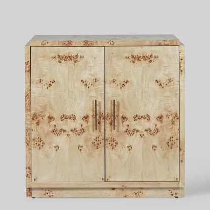 Light burl wood sideboard table on gray background.