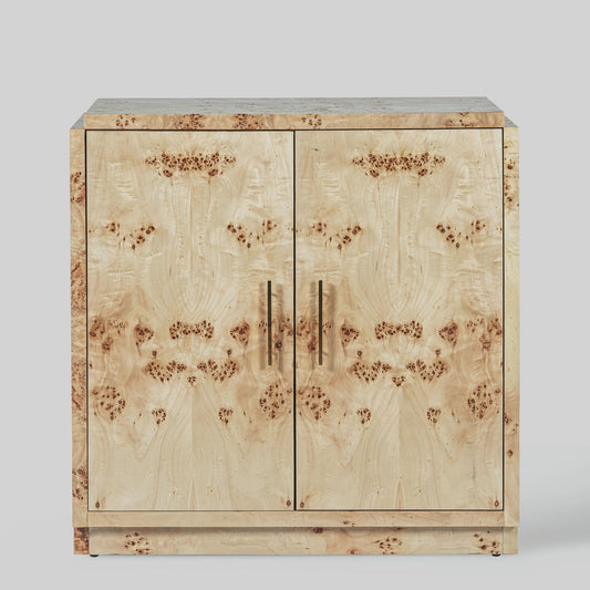 Light burl wood sideboard table on gray background.