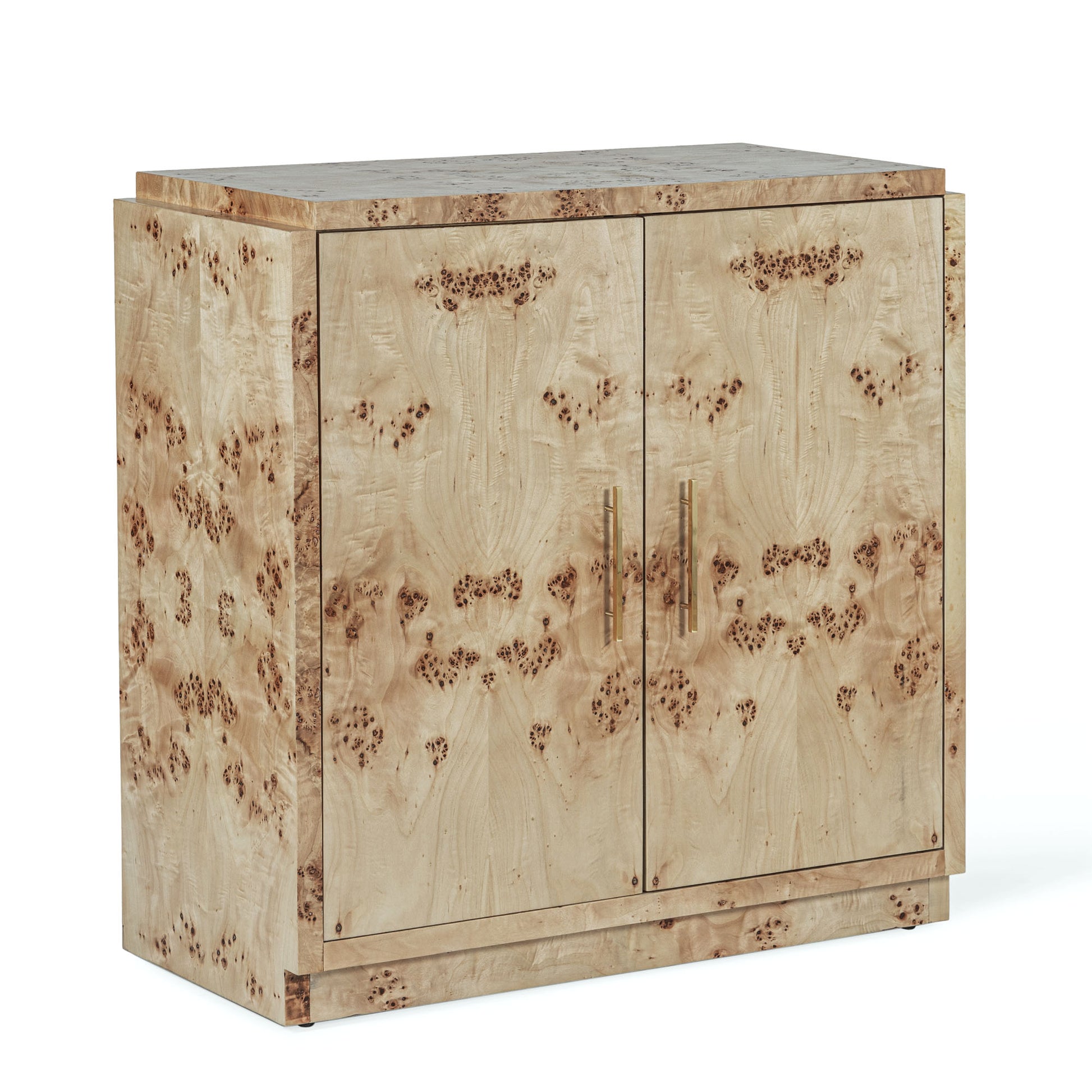 Light burl wood sideboard table on gray background.