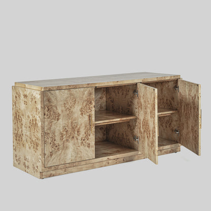 Light burl wood sideboard on gray background.