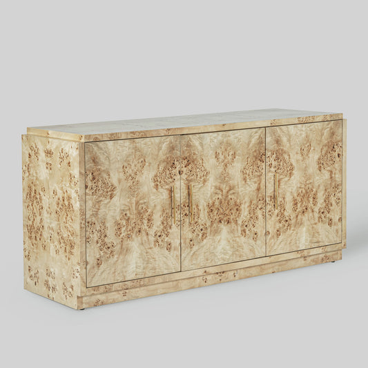 Light burl wood sideboard on gray background.