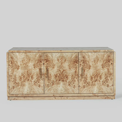 Light burl wood sideboard on gray background.