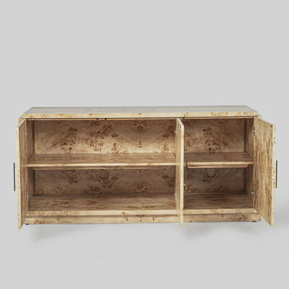 Light burl wood sideboard on gray background.