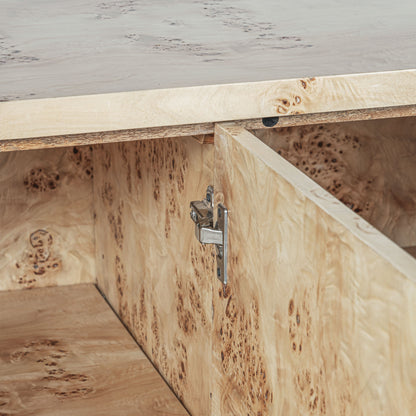 Light burl wood sideboard on gray background.
