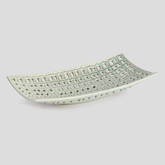 Gray open weave stoneware rectangular tray - stylish home accent (Image1).