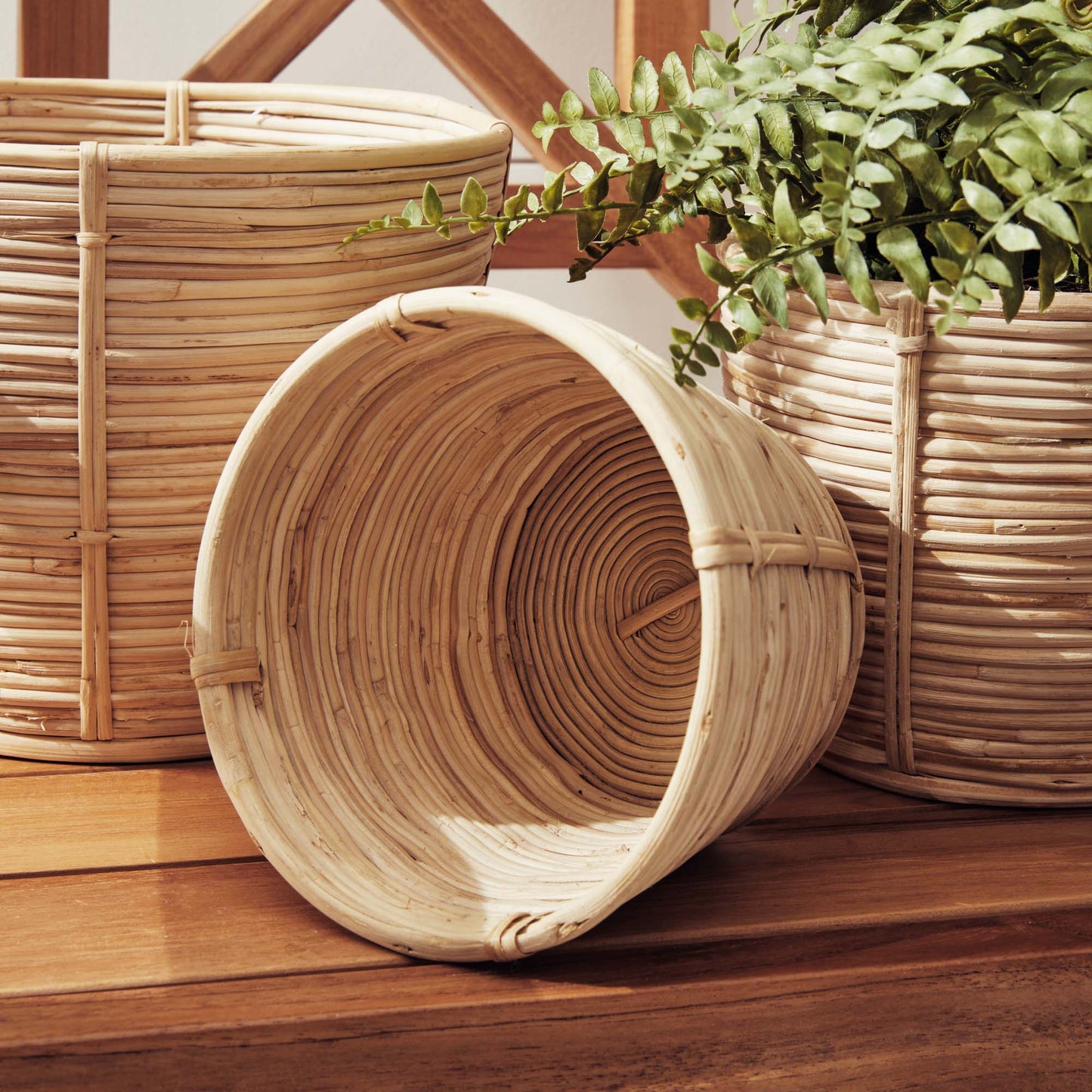 Handwoven cane rattan mini baskets, interior view, stylized on table.