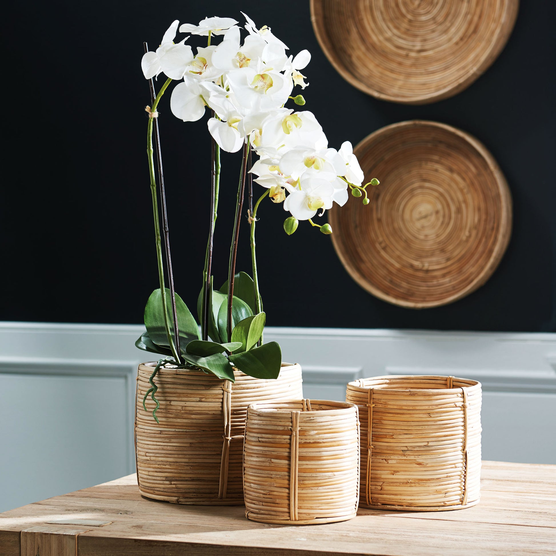 Handwoven cane rattan mini baskets, stylized on table with orchid.