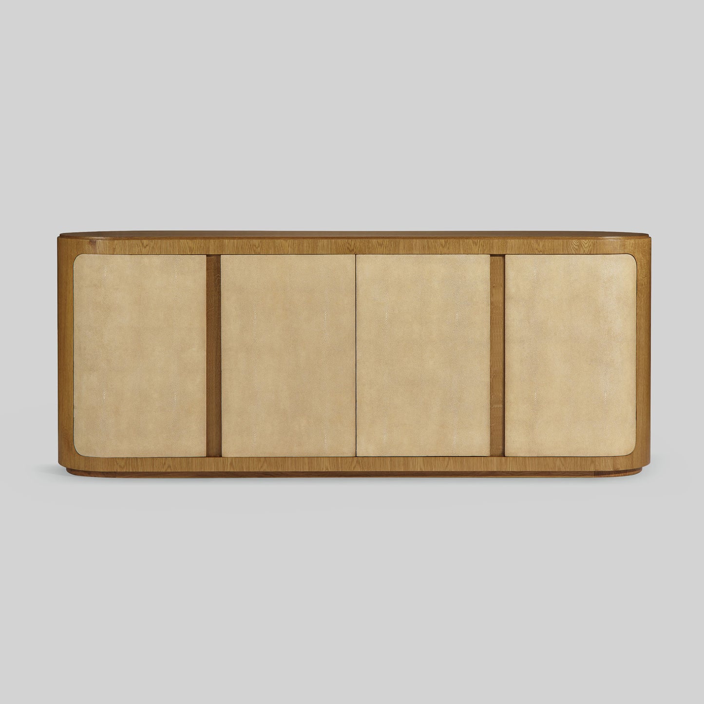 Natural oak sideboard with shagreen finished door panels on gray background.