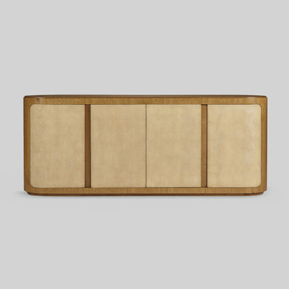 Natural oak sideboard with shagreen finished door panels on gray background.