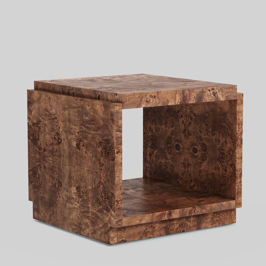 Dark burl wood side table on gray background.