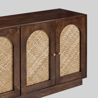 Wooden sideboard with four arched doors featuring a textured rattan design on a gray background.