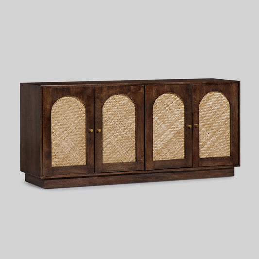 Wooden sideboard with four arched doors featuring a textured rattan design on a gray background.