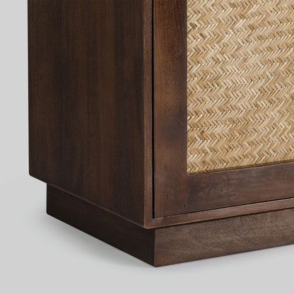 Wooden sideboard with four arched doors featuring a textured rattan design on a gray background.