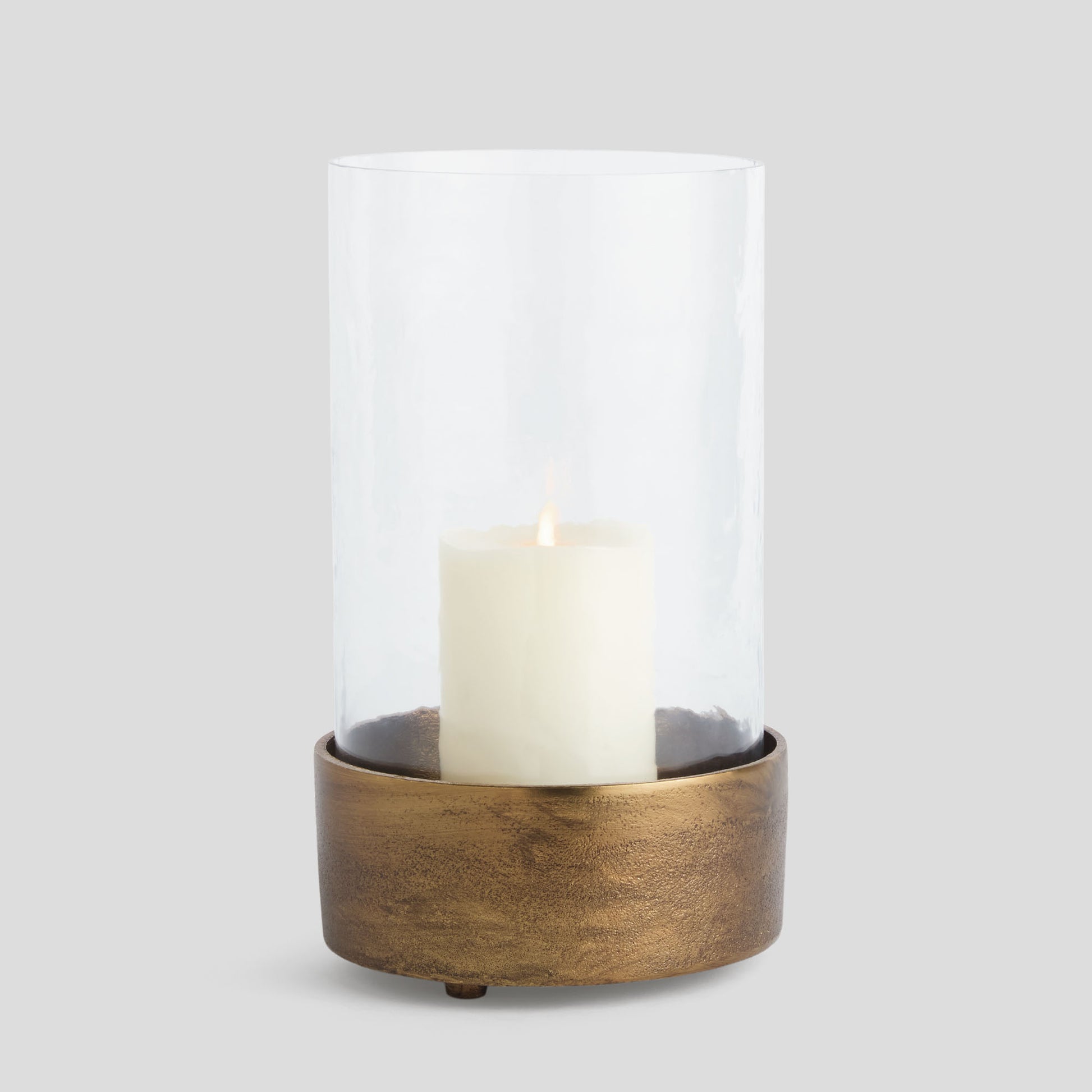 Large antique brass hammered glass hurricane - stylish home accent (Image1).