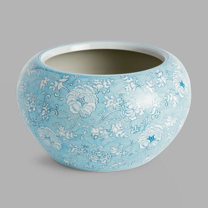 Large chinoiserie light blue hand-painted porcelain pot - stylish home accent (Image1).