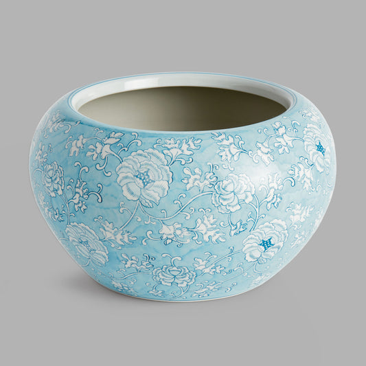 Large chinoiserie light blue hand-painted porcelain pot - stylish home accent (Image1).
