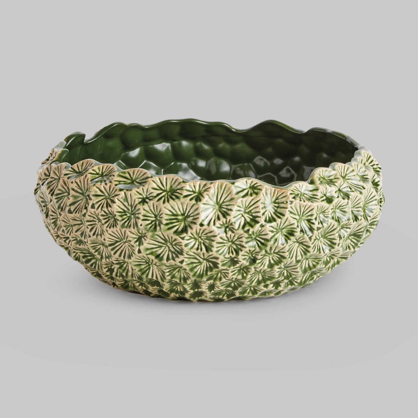 Large green floral embossed reactive glaze stoneware bowl - stylish home accent (Image1).