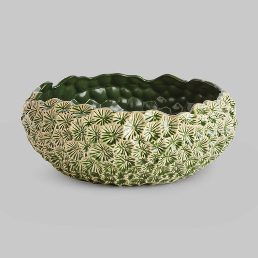 Large green floral embossed reactive glaze stoneware bowl - stylish home accent (Image1).