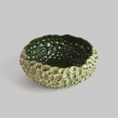 Large green floral embossed reactive glaze stoneware bowl - stylish home accent (Image3).