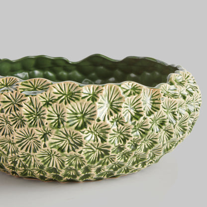 Large green floral embossed reactive glaze stoneware bowl - stylish home accent (Image4).