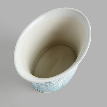 Large light blue hand-painted chinoiserie porcelain cachepot - stylish home accent (Image2).