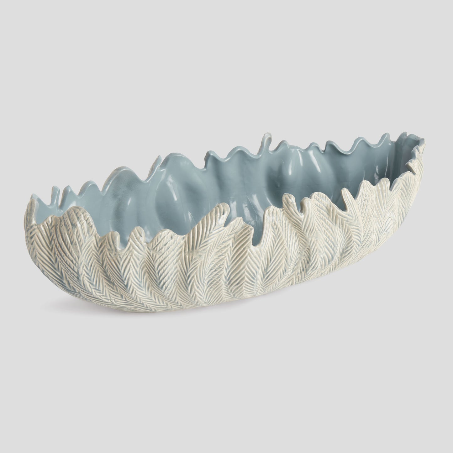 Large light blue reactive glaze clay decorative oval bowl - stylish home accent (Image1).