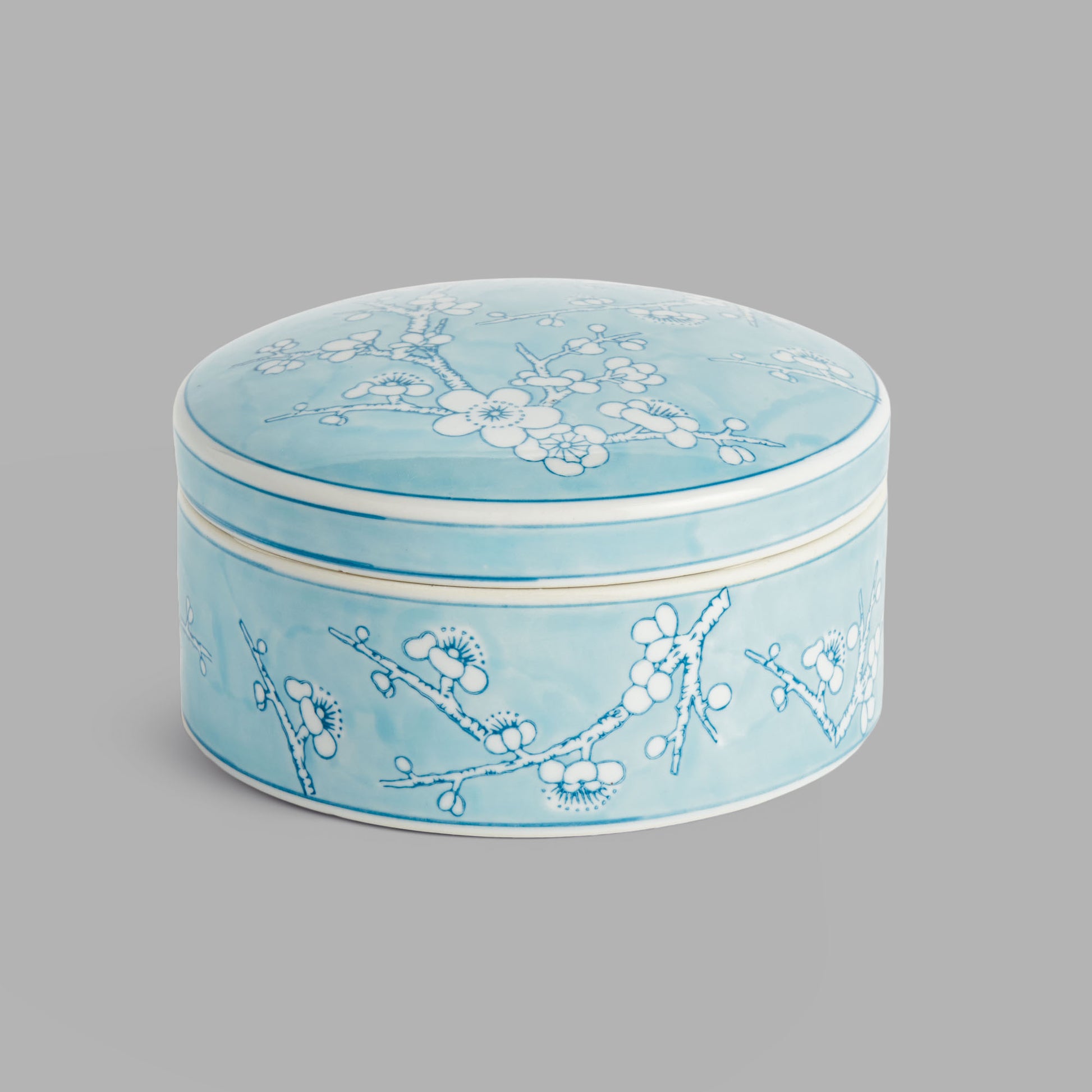 Large round light blue hand-painted porcelain lidded box - stylish home accent (Image1).