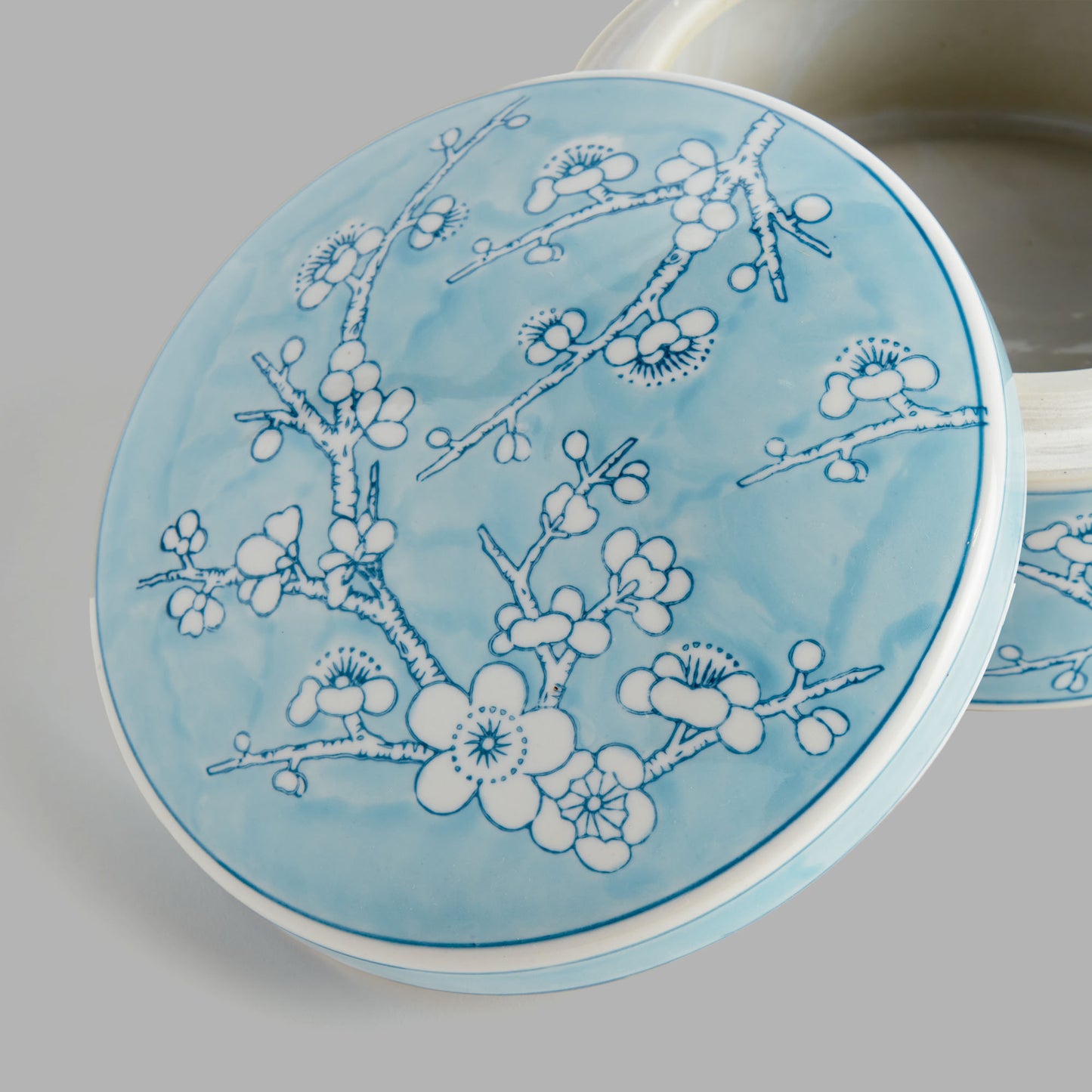 Large round light blue hand-painted porcelain lidded box - stylish home accent (Image2).
