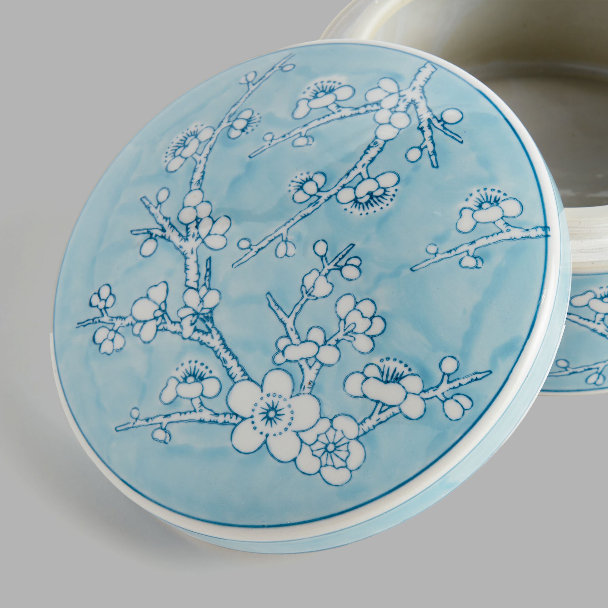 Large round light blue hand-painted porcelain lidded box - stylish home accent (Image2).