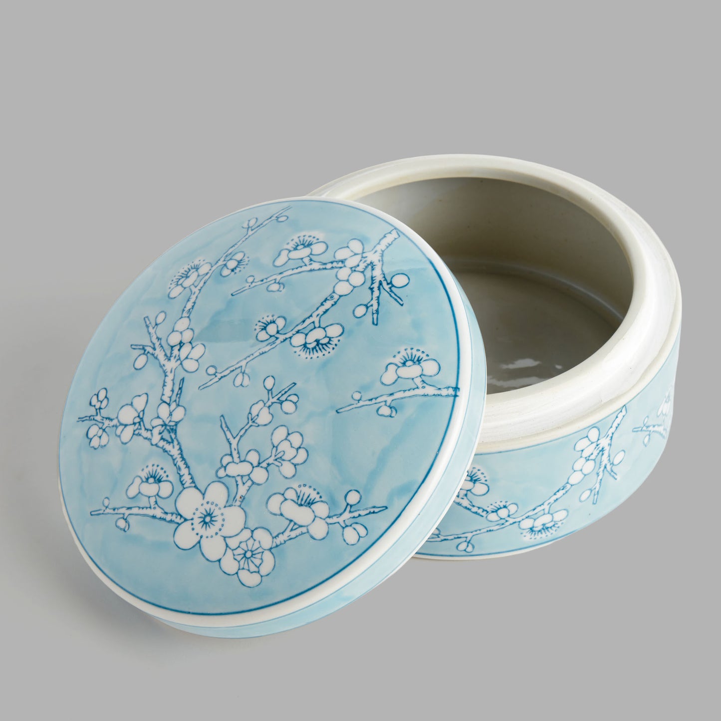 Large round light blue hand-painted porcelain lidded box - stylish home accent (Image3).