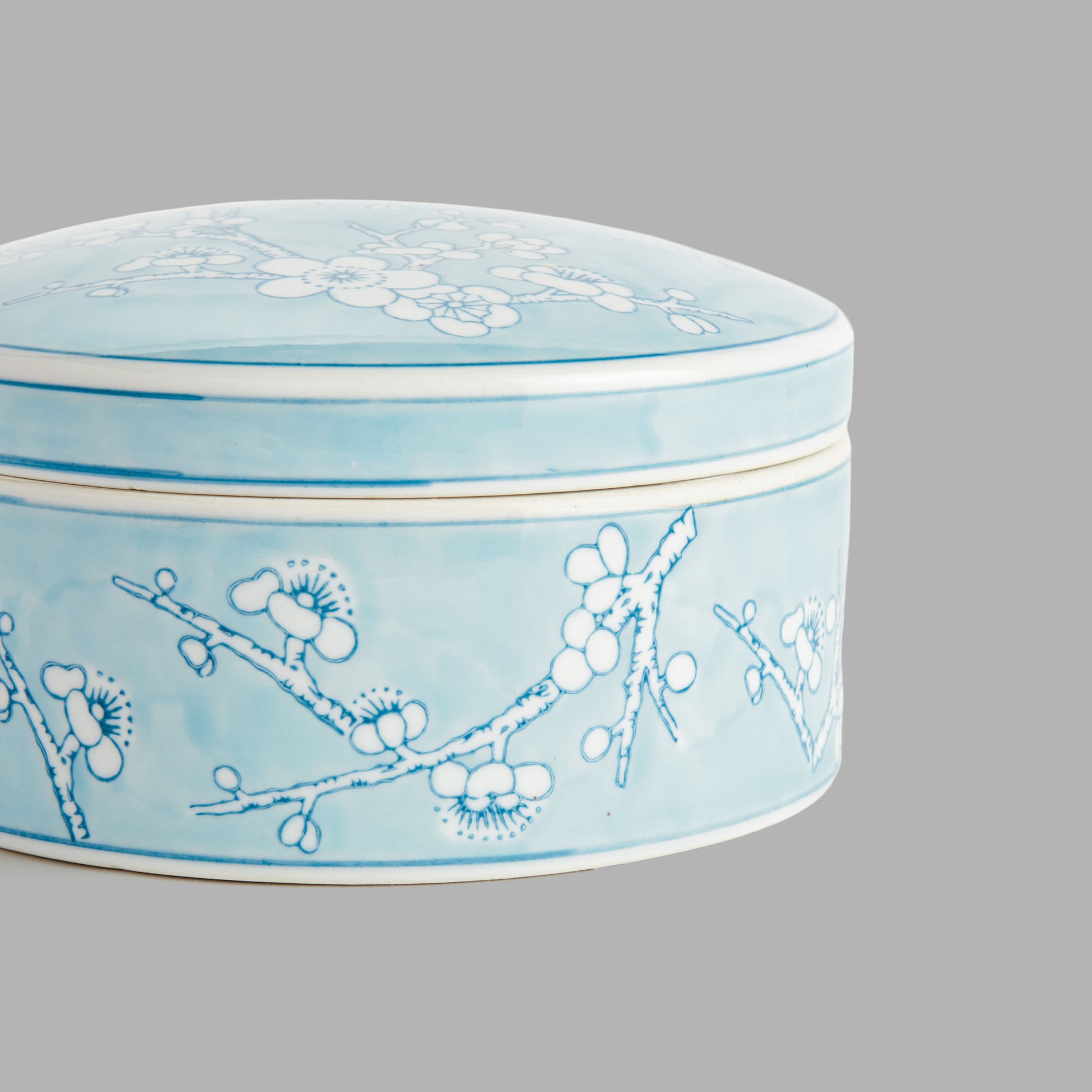 Large round light blue hand-painted porcelain lidded box - stylish home accent (Image4).
