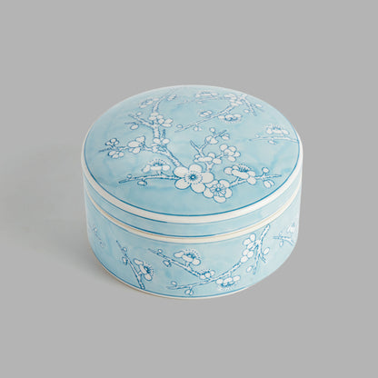 Large round light blue hand-painted porcelain lidded box - stylish home accent (Image5).
