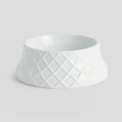 Large white handcrafted porcelain trellis dog bowl - stylish home accent (Image1).