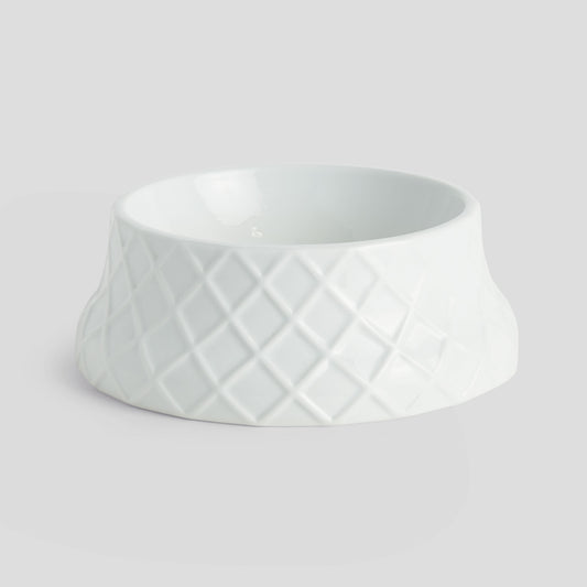Large white handcrafted porcelain trellis dog bowl - stylish home accent (Image1).